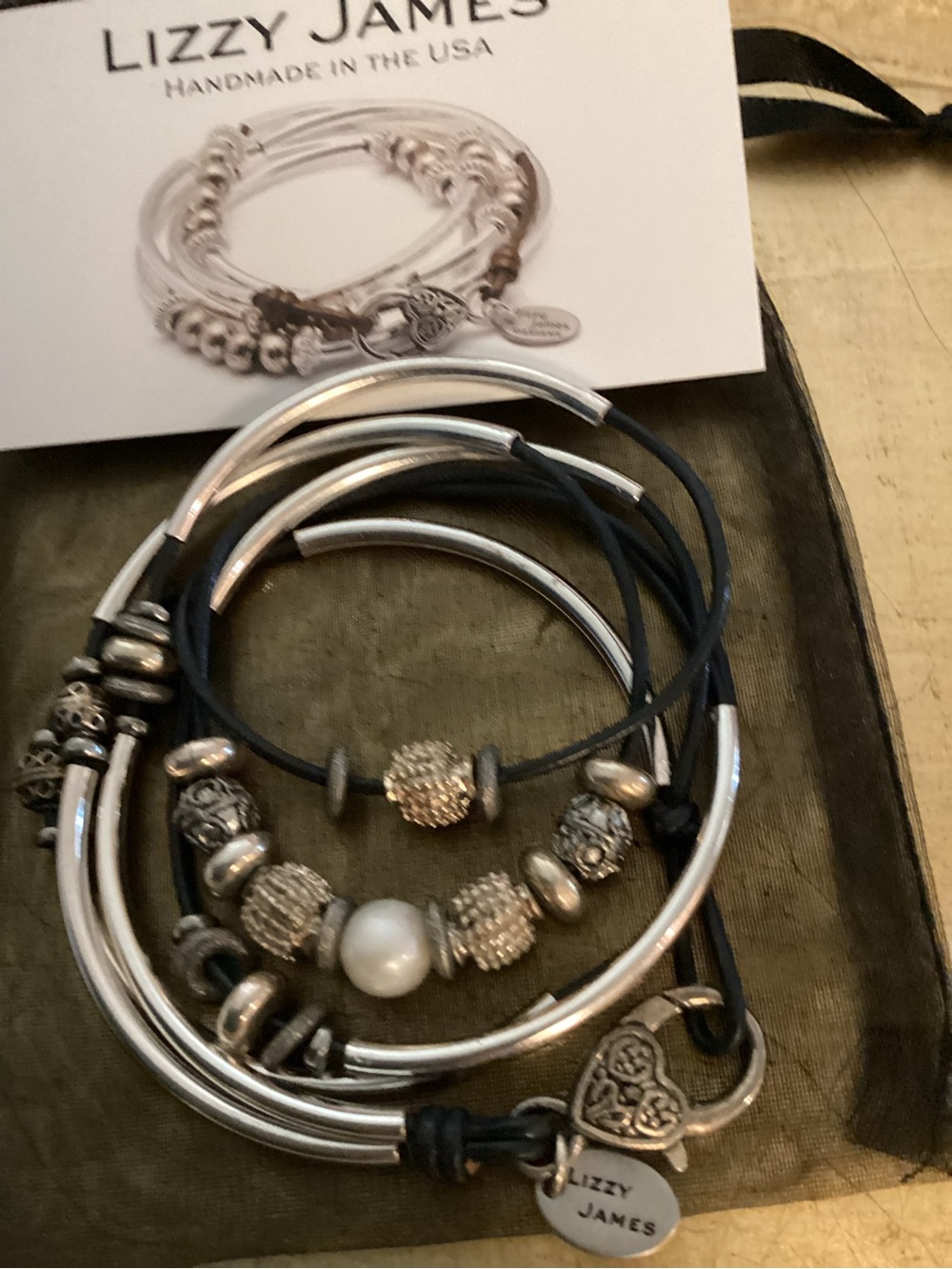 Lizzy James Navy and Silver Layered Bracelet Set with Heart Charm
